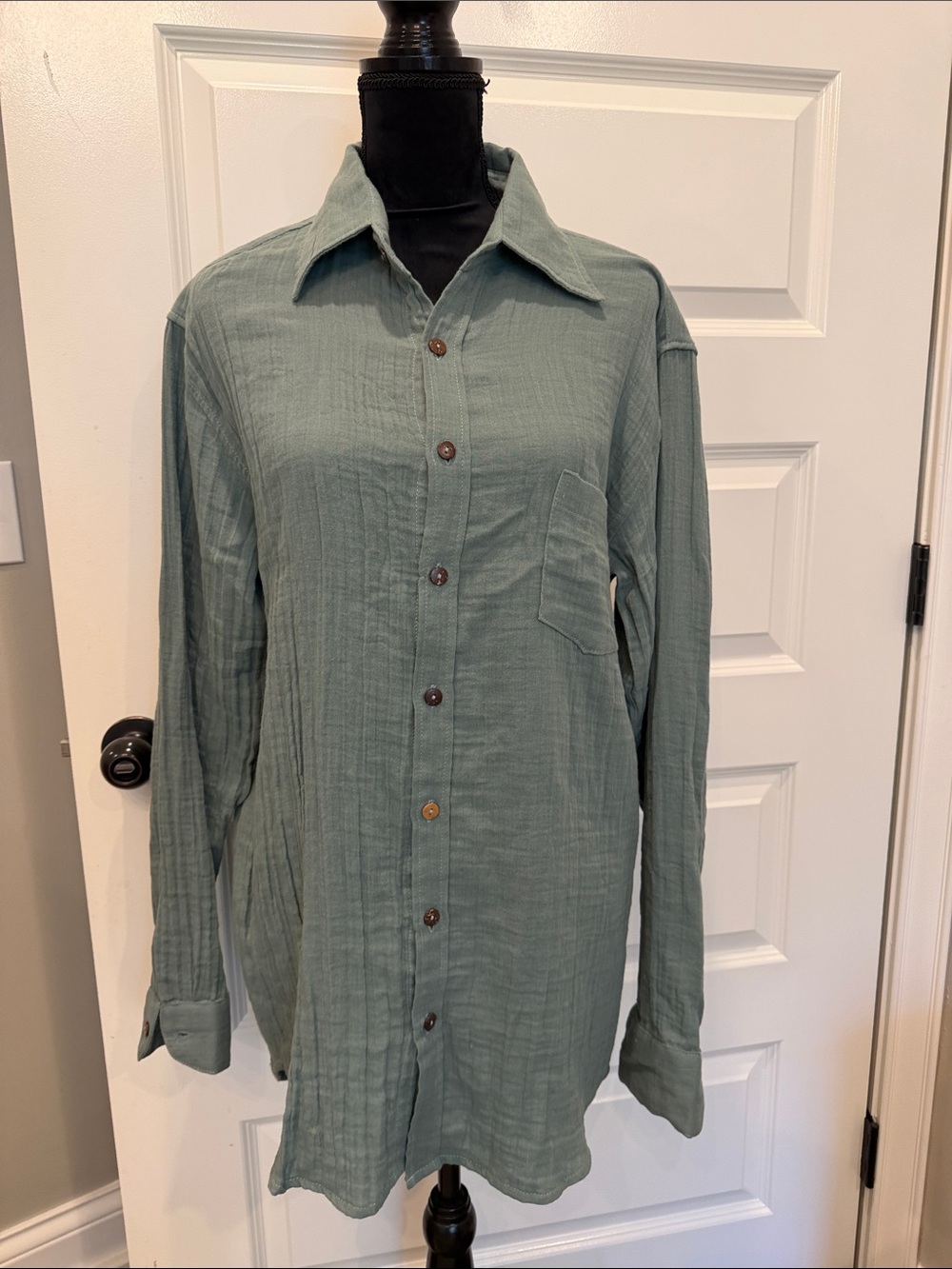 Relaxed Button-Front Green Cotton Gauze Blouse